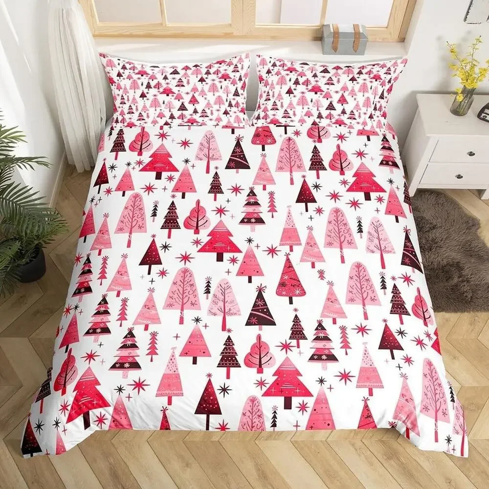 Manfei Pink Christmas Tree Duvet Cover Set Full 3pc Kids Girls Holiday Bedding
